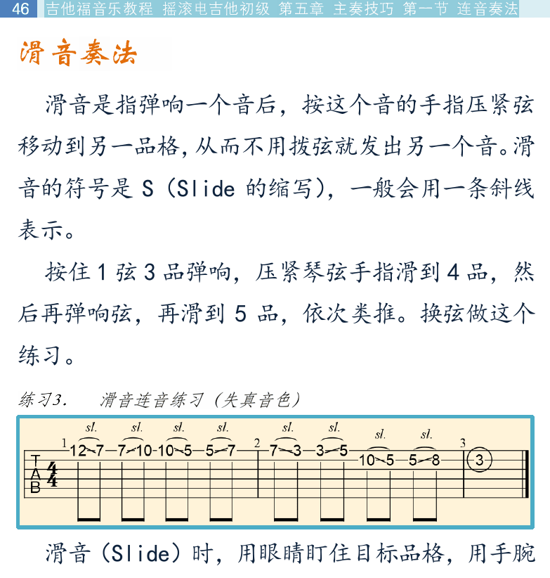 摇滚电吉他初级教程 第46页  滑音奏法  击勾连音  特殊滑音  [左上]