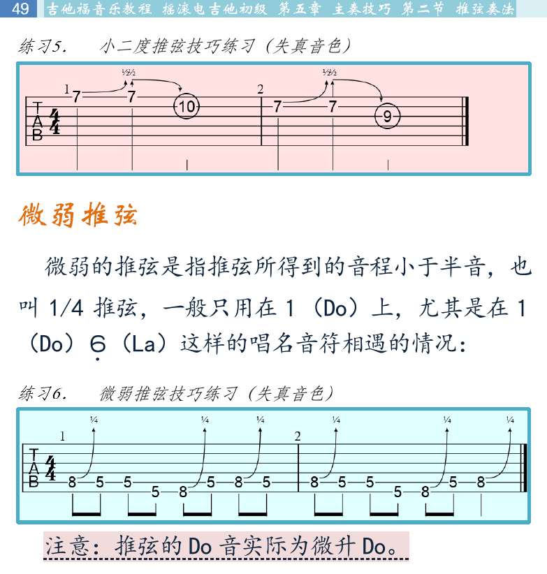 摇滚电吉他初级教程 第49页  微弱推弦  推弦颤音  综合应用  [左上]