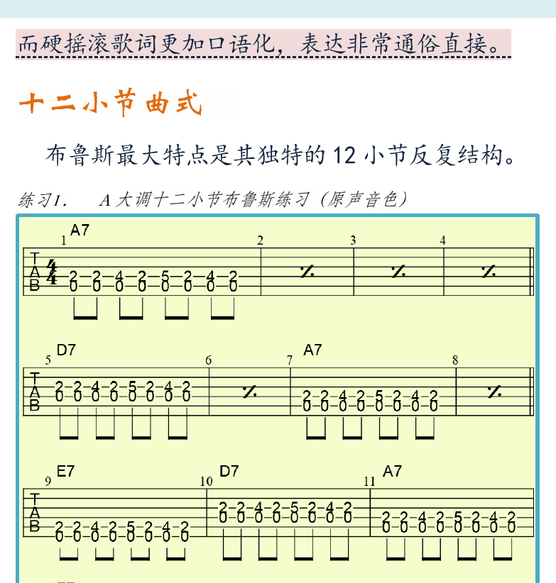 摇滚电吉他初级教程 第30页  第五节_布鲁斯音乐  布鲁斯起源  十二小节曲式  [右上]